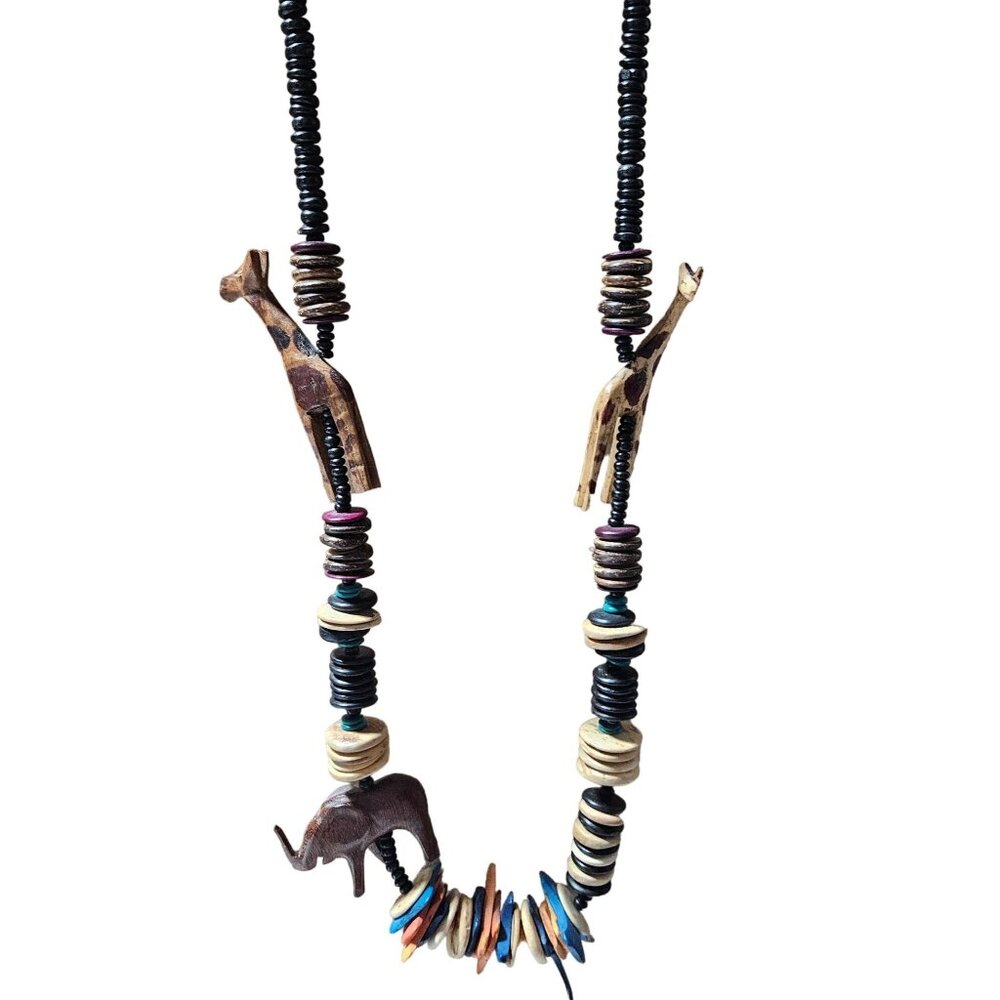 African Safari Wood Animal Beaded Necklace Hand Carved Giraffe Elephant Jewelry